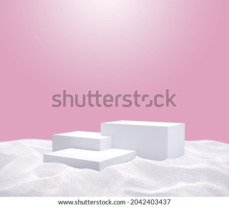 3D render modern minimal background with emty white square podium is on white sand is on pink background

