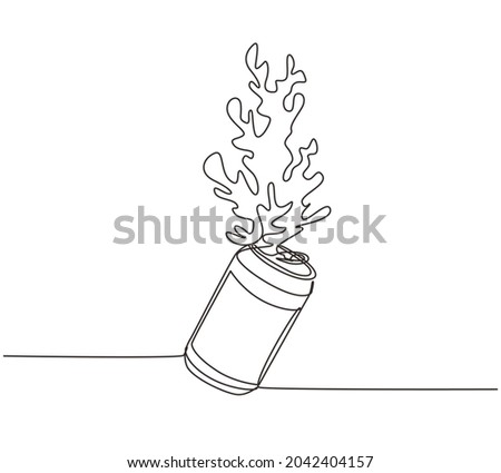 Continuous one line drawing cola splashing out of a aluminum can. Soda water splashing out of canned, fresh liquid or soda splash with fresh water drop. Single line draw design vector illustration