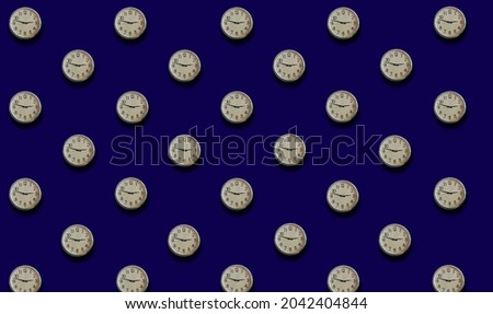 Top veiw, Collection set white wall clock isolated on blue  background for design or stock photo, clock telling time, advertising, product 