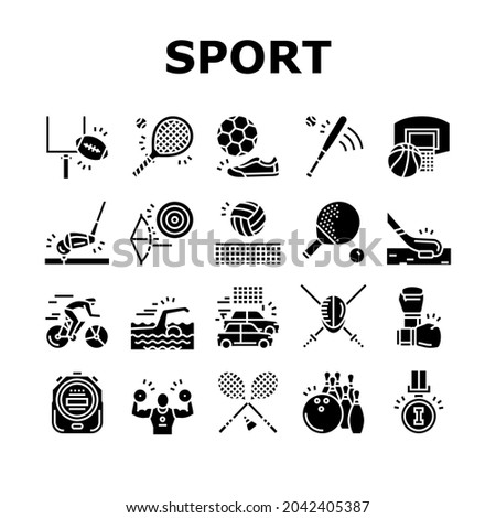 Sport Active Competitive Game Icons Set Vector. Basketball And Volleyball, Soccer And Rugby, Tennis And Badminton Sport Line. Archery, Baseball And Bowling Glyph Pictograms Black Illustrations
