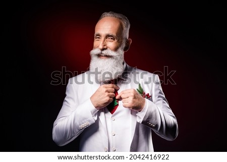 Photo of mature man happy positive smile wear tie party entertainment new year isolated over dark color background