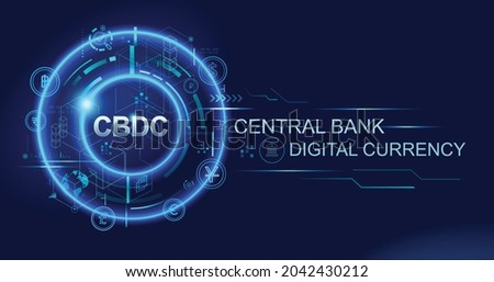 CBDC Central Bank Digital Currency banner logo for business technology, financial, blockchain, exchange, money and digital asset. Futuristic vector landing page concept background. Royalty-Free Stock Photo #2042430212