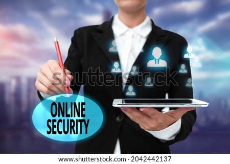 Text caption presenting Online Security. Conceptual photo act of ensuring the security of transactions done online Lady In Uniform Standing Holding Tablet Typing Futuristic Technologies.