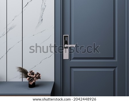 Digital door lock systems for good safety of home apartment door. Digital door handle with blue door panel. Royalty-Free Stock Photo #2042448926