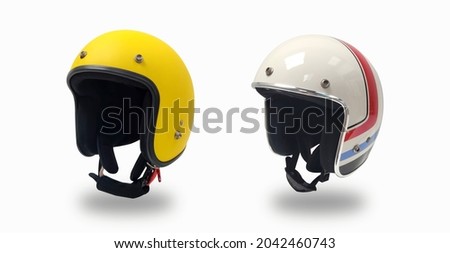 White and  yellow helmet motorcycle on the white background. Royalty-Free Stock Photo #2042460743