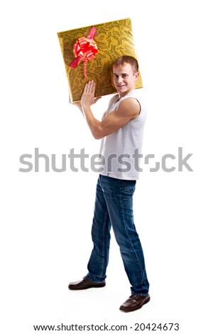 young man with gift on Christmas on white background