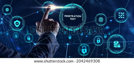 Cyber security data protection business technology privacy concept. Young businessman  select the icon PENETRATION TEST on the virtual display.