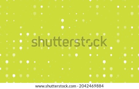 Seamless background pattern of evenly spaced white tree symbols of different sizes and opacity. Vector illustration on lime background with stars