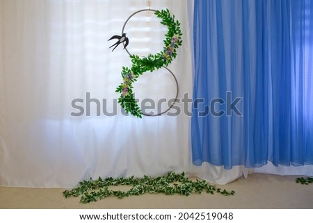 Number eight made of small green leaves and wooden letters "March" concept for international womens day 8 march white background. Decor for a photo shoot