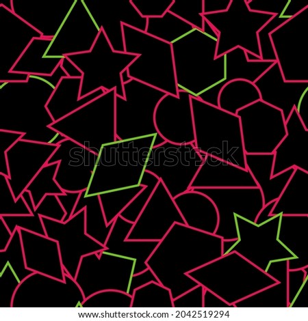 Geometric seamless pattern. Vector repeating geometry background. Outlined pink and green shapes. 