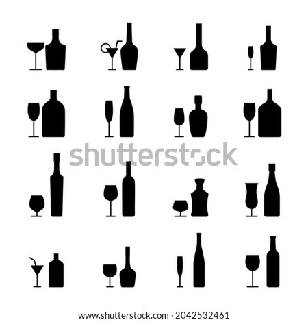 Alcohol bottles and glasses icons set. Black silhouettes on a white background,  illustration.