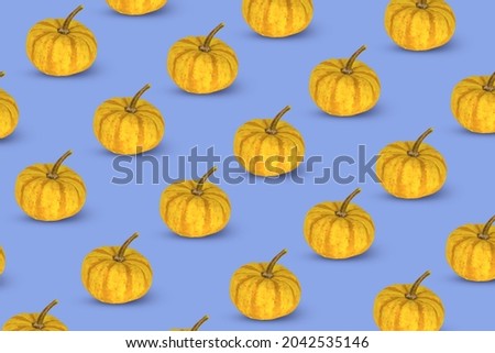 Trendy pattern of yellow pumpkins on a light purple background. Autumn, Halloween or Thanksgiving season concept.