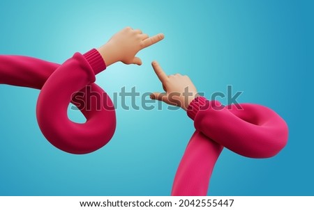 3d render, cartoon character flexible hands in red knitted sweater, pointing finger. Funny clip art isolated on blue background