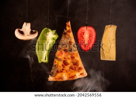 Slice of mozzarella delicious pizza tomato cheese peeper and mushroom ingredients. Preparing food