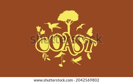 Creative Natural Logo Using Word Coast using elements Flower, Hummingbird, bird, Butterfly, Leaf and Dragonfly for adventure, tourism, entertainment, travel, water and food related business