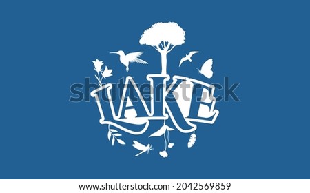 Creative Natural Logo Using Word Lake using elements Flower, Hummingbird, bird, Butterfly, Leaf and Dragonfly for adventure, tourism, entertainment, travel, water and food related business