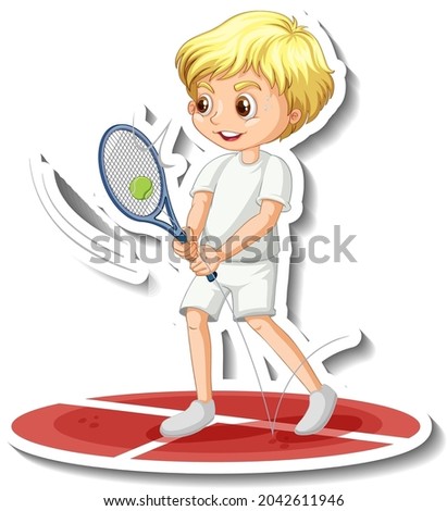 Cartoon character sticker with a boy playing tennis illustration