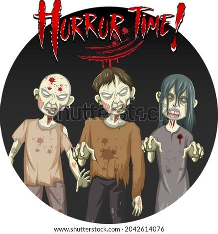 Horror Time text design with three creepy zombies illustration