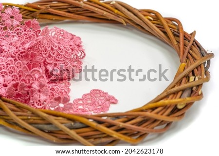 Pink and crimson lace ribbon. Stylish premium braid will allow you to fulfill your tasks, this is a bright and beautiful lace. Texture, background, pattern
