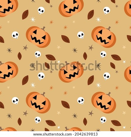 Halloween orange festive seamless pattern. Endless background with pumpkins, skulls, ghosts, bones, candies, spider web ,eye,autum and fall theme for paper,wrapping,carpet,wallpaper,fabric art work