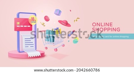 3D e-commerce banner or landing page template. Phone on round podium with cart and shopping items flying around. Concept of credit card reward for online shopping. Royalty-Free Stock Photo #2042660786