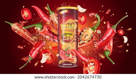 Chili pepper packaging mock up with chili splashing elements ads isolated on solid color background, Vector realistic in 3D illustration.