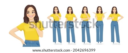 Young cute woman with short hairstyle in casual style clothes set. Different gestures pointing, thinking, standing, frustrated, showing thumb up isolated vector ilustration Royalty-Free Stock Photo #2042696399