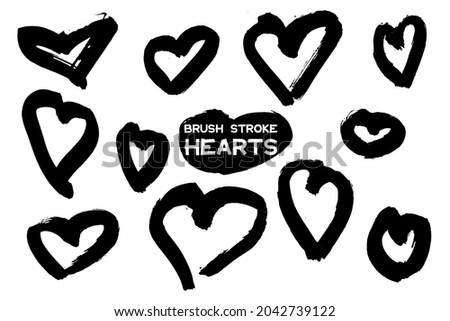Set of black ink brush heart strokes. Chinese calligraphy black line isolated on white background. Dirty abstract grunge artistic design element for poster, banner, flyer. Vector illustration