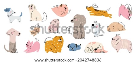 Cute dogs doodle vector set. Cartoon dog or puppy characters design collection with flat color in different poses. Set of funny pet animals isolated on white background. Royalty-Free Stock Photo #2042748836