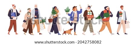 Happy merry people walking and carrying gift boxes, presents, Christmas trees, parcels after shopping in December, at Xmas and New Year eve. Flat vector illustration isolated on white background