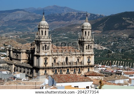 Assumption of the Virgin Cathedral (Santa Iglesia Catedral - Museo Catedralicio) with views over the surrounding city rooftops, Jaen, Jaen Province, Andalucia, Spain, Western Europe.