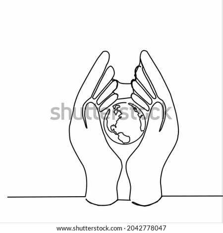 Continuous line drawing of hands holding Earth globe. Vector illustration isolated on white background
