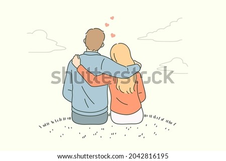 Love, dating, romance and feelings concept. Young loving couple sitting backwards embracing looking at horizon feeling in love vector illustration  Royalty-Free Stock Photo #2042816195