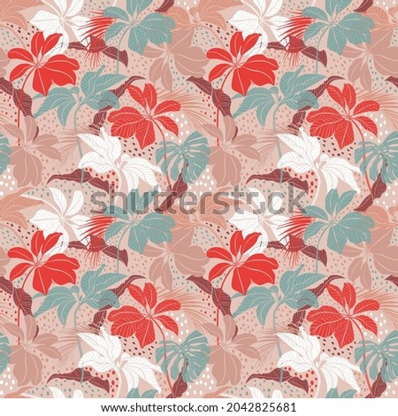 Trendy seamless modern tropical plants with exotic leaves mix with hand drawn dots textures. Vector illustration EPS 10.Design for fashion , fabric, textile, wallpaper, wrapping and all prints 