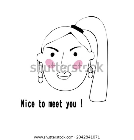 Vector portrait of a female character.Cartoon funny minimalistic man. Linear hand drawn face with emotion and mood. Friendly inscription. Postcard for social networks