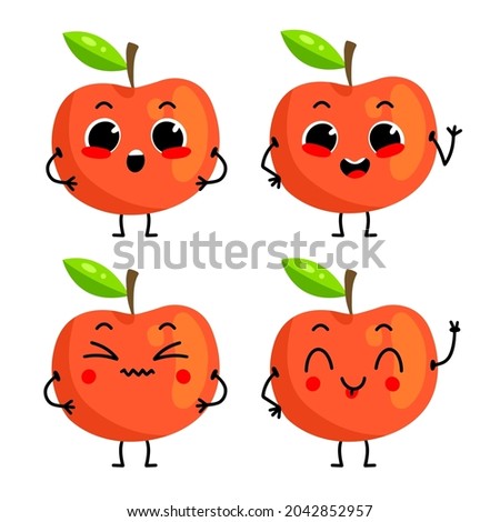 A set of cute red apple characters. Vector illustration with fruit character isolated on background.
