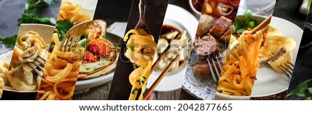 Varied food collage. A varied menu, fish and meat, vegetable. Different food on a fork collage Royalty-Free Stock Photo #2042877665