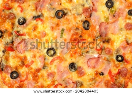 Fresh pizza high resolution close up. Original italian classic delicious pizza with cheese, pepperoni and olives
