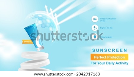 Minimal modern beauty cosmetic sunscreen product display banner template with blue sky cloud background for branding marketing. Including icon, podium platform, bubble, shield sphere. Vector design