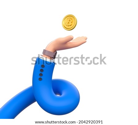 3d render, funny cartoon character flexible hand with bitcoin, clip art isolated on white background. Financials metaphor, disclosure of stock exchange concept