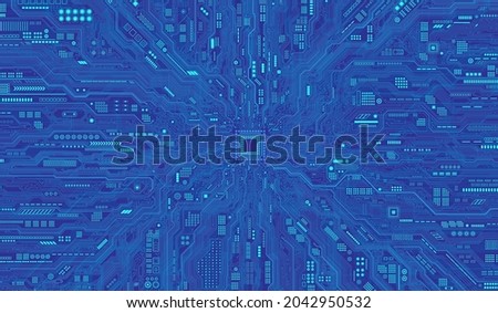 Futuristic microchip processor with lights on the blue background. Quantum computer, large data processing, database concept. CPU isometric banner. Central Computer Processors CPU concept.Digital chip Royalty-Free Stock Photo #2042950532