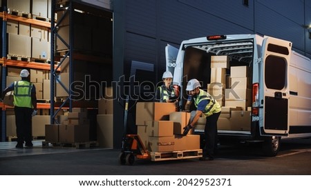 Outside of Logistics Retail Warehouse With Inventory Manager Using Tablet Computer, talking to Worker Loading Delivery Truck with Cardboard Boxes, Online Orders, Food and Medicine Supply, E-Commerce Royalty-Free Stock Photo #2042952371