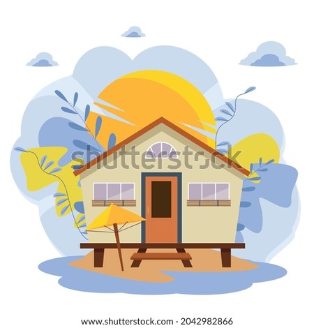 A vector-drawn modern bungalow house on the beach and the sun in the clipart format. The finished image is suitable for any design.