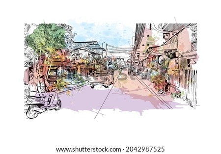 Building view with landmark of Hat Yai is the 
city in Thailand. Watercolor splash with hand drawn sketch illustration in vector.