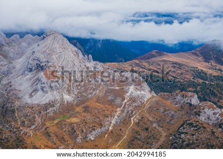 Dolomites to the Lagazuoi Mountains in the background of the beautiful Pelmo, Averau and Lastoi de Formin mountain peaks near the town of Cortina d'Ampezzo, in the province of Veneto in northern Italy