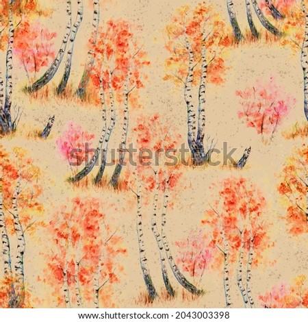 Watercolor seamless pattern with birches. Autumn, hand-drawn.