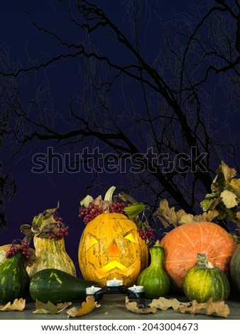 Postcard collage of Autumn Halloween decorations with jack-o-lantern pumpkins and silhouettes of night trees.