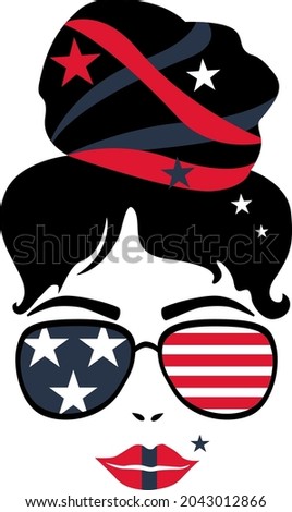 American Mama, 4th of July Messy Bun Girl American United States of America (USA) Flag Messy Bun US independence day Vector and Clip Art American Girl with patriotic scarf.