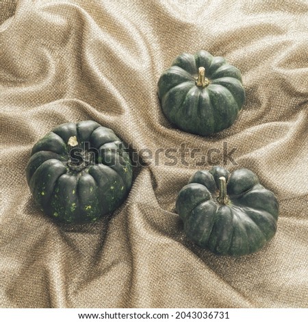 Creative autumn background with three dark green pumpkins on shiny silk sheet. Minimal cosy holiday concept.