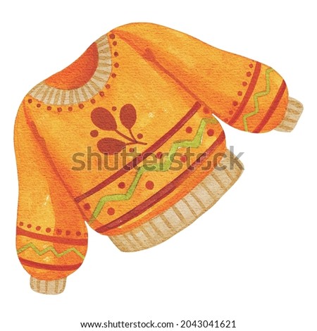 Hand drawing watercolor autumn winter hygge ornament sweater. Yellow colors. Warm fillings. Use for poster, print, card, postcard, design, template, illustration, invitation, children’s book